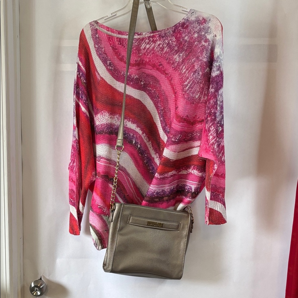 Kenneth Cole pocketbook crossbody & Vibrant Pink and Purple Blouse oversized xl